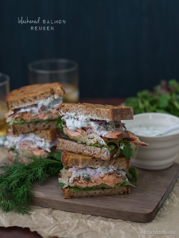 Reserve Selection Blackened Spice Salmon reuben with yoghurt dill sauce