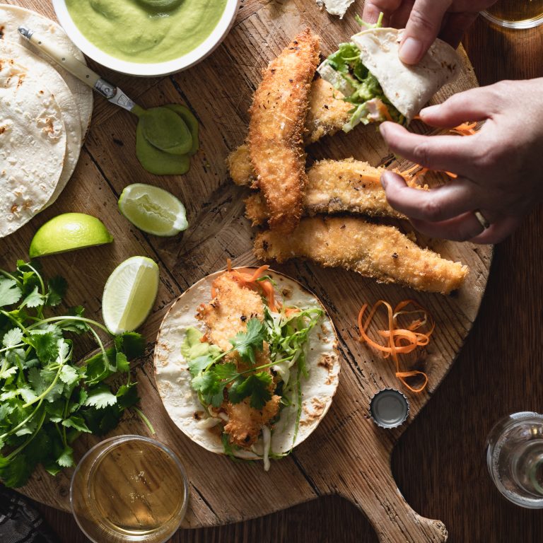 Fried Huon Salmon Tacos, Avocado and Tomatillo Dressing