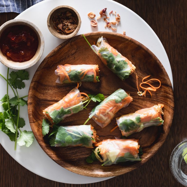 Fresh Huon Salmon spring rolls with chilli jam