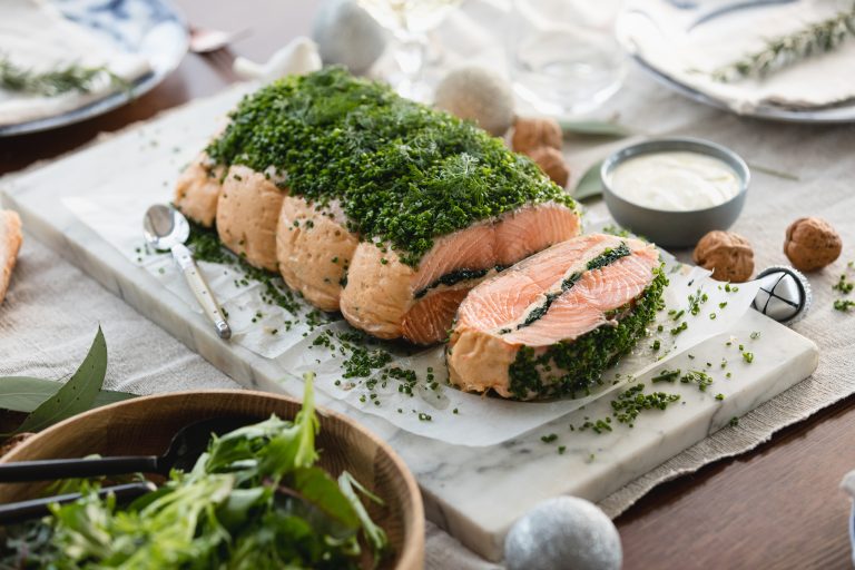 Baked Huon Salmon, Stuffed with Salmon Mousse and Spinach