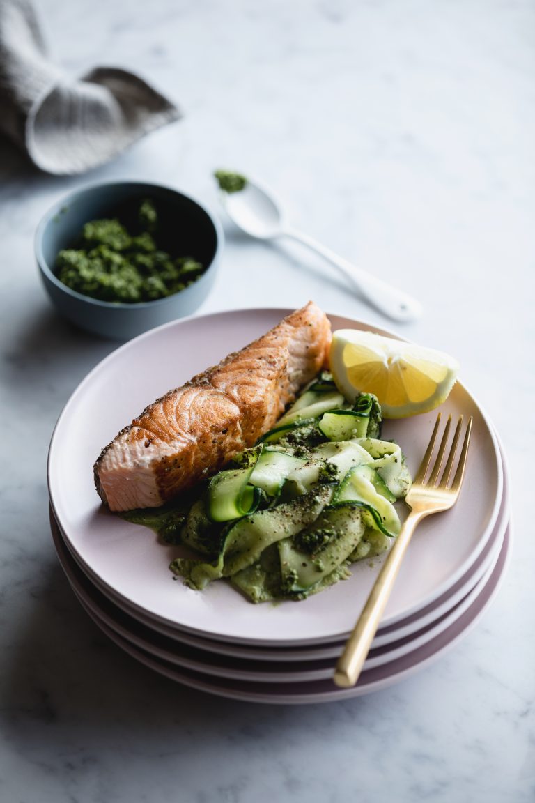 Crispy Huon Salmon with Zucchini Ribbons and Pesto