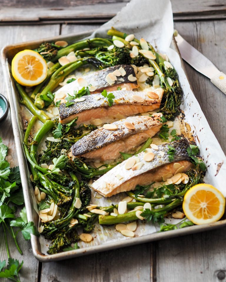 Roasted Huon Salmon with Sprouted Broccoli, Lemon and Almonds