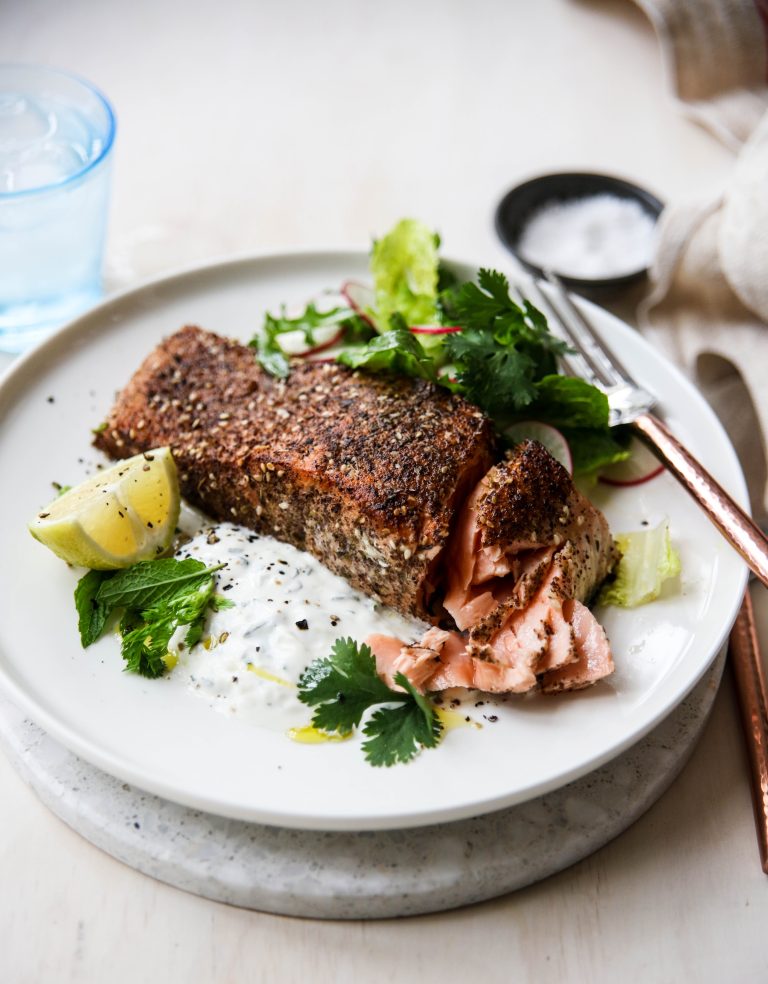Crispy Moroccan Huon Salmon with Garlic Yoghurt Sauce