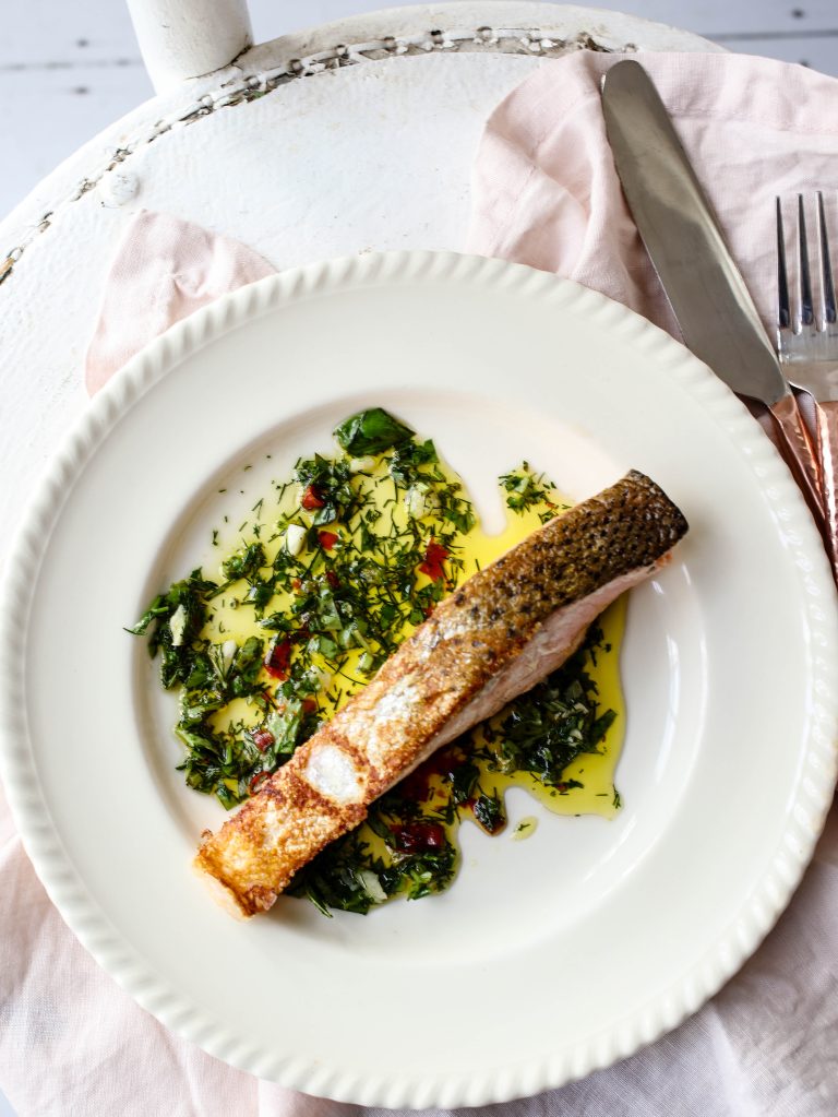 Crispy Skin Huon Salmon with Green Herb Dressing