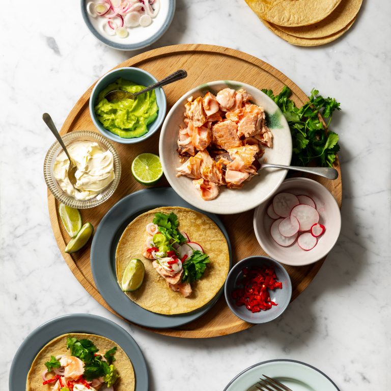 Huon Salmon Tacos, with Avocado, Pickled Red Onion and Lime Crème Fraiche