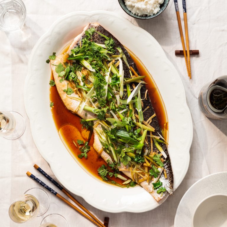 “Chinese Style” Steamed Salmon with Ginger and Spring Onions