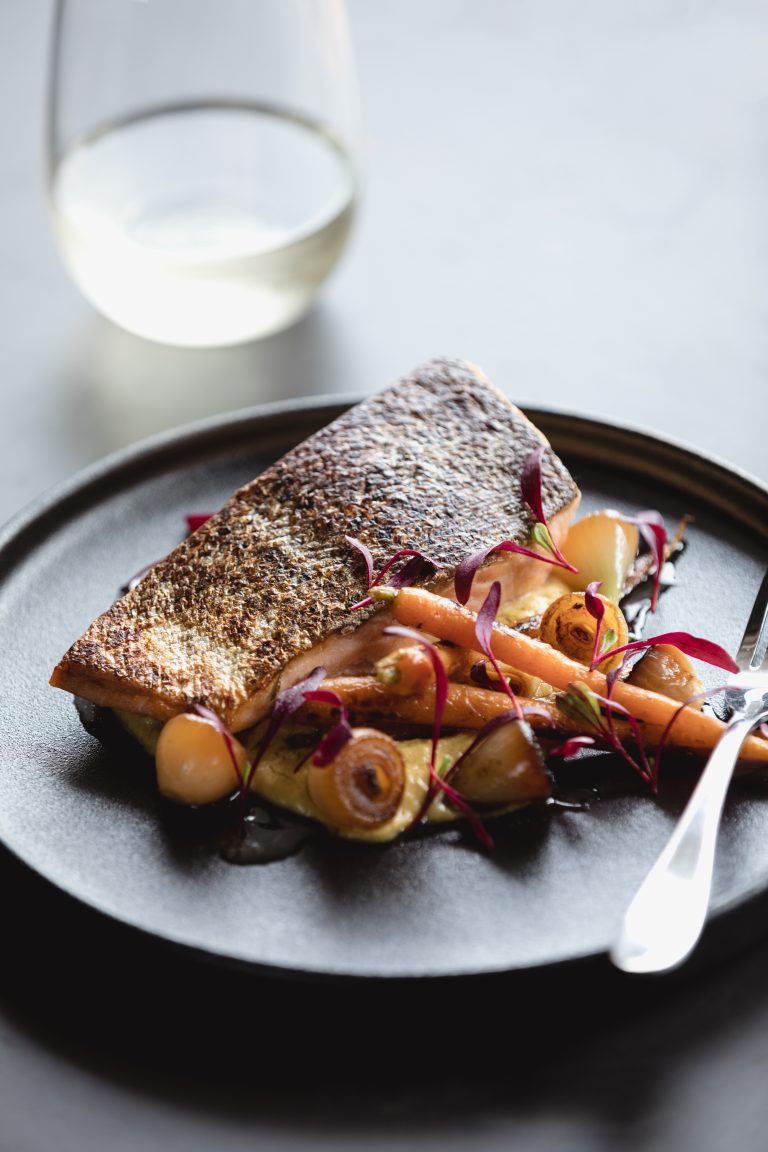 Huon Salmon with Hummus and Charred Onion