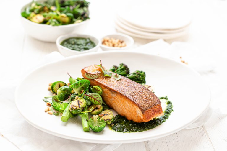 Crispy Skin Huon Salmon with Chargrilled Brussel Sprout and Broccolini Salad with Pesto