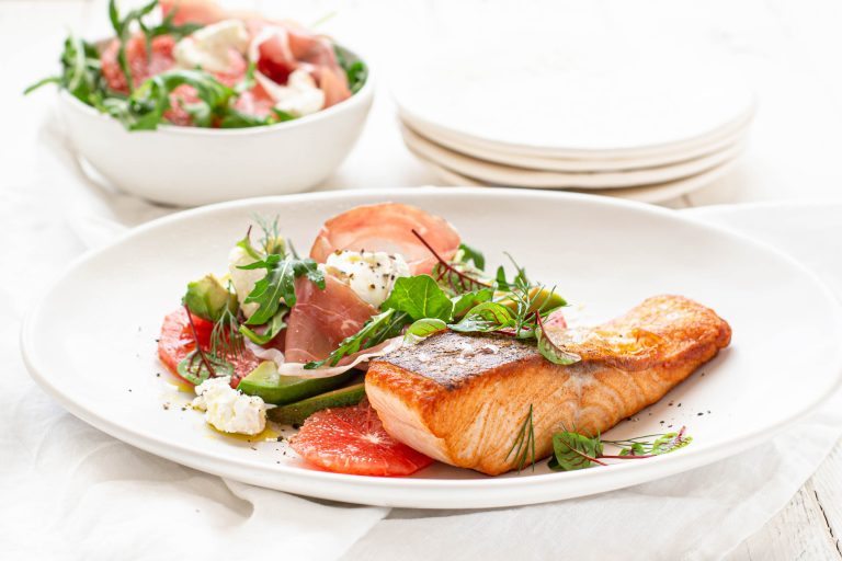 Crispy Skin Huon Salmon with Ruby Grapefruit, Prosciutto and Persian Feta Salad