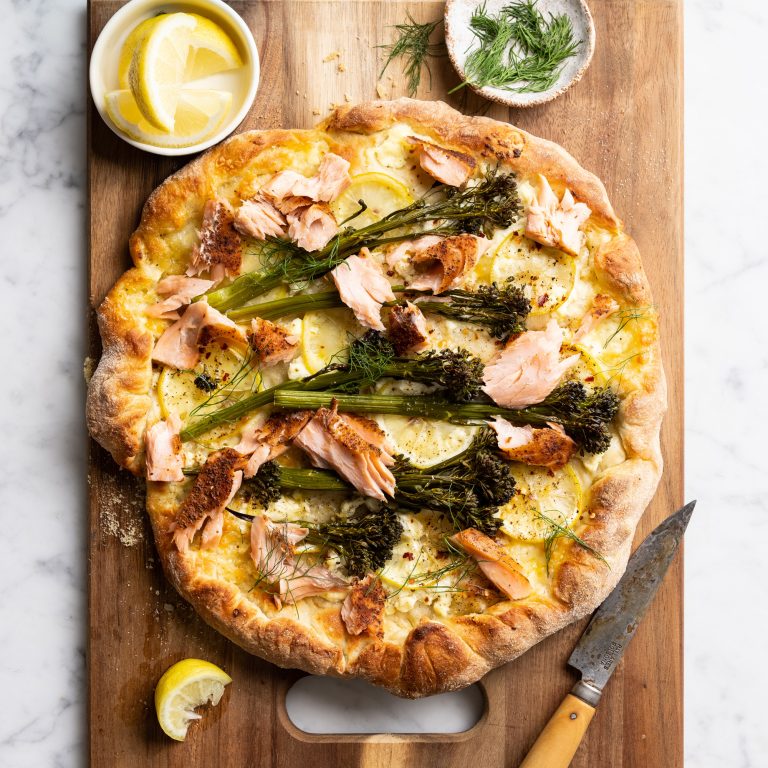 Blackened Spice Wood Roasted Salmon Pizza with Lemon and Broccolini