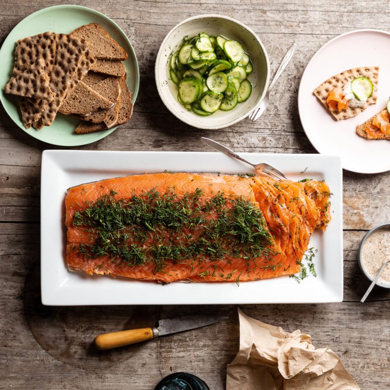 Gin Cured Gravadlax with pickled cucumber and mustard sauce