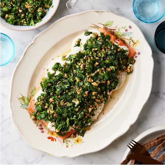 Baked Salmon with Tahini Yoghurt and Herbs