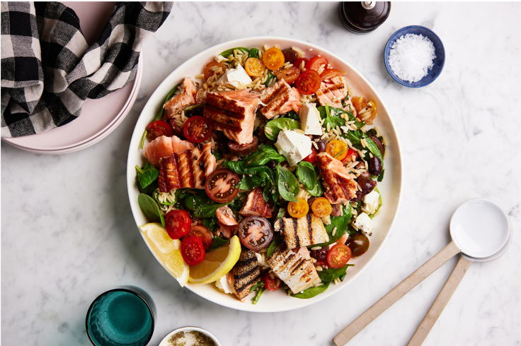Grilled Salmon with Risoni and Feta Salad