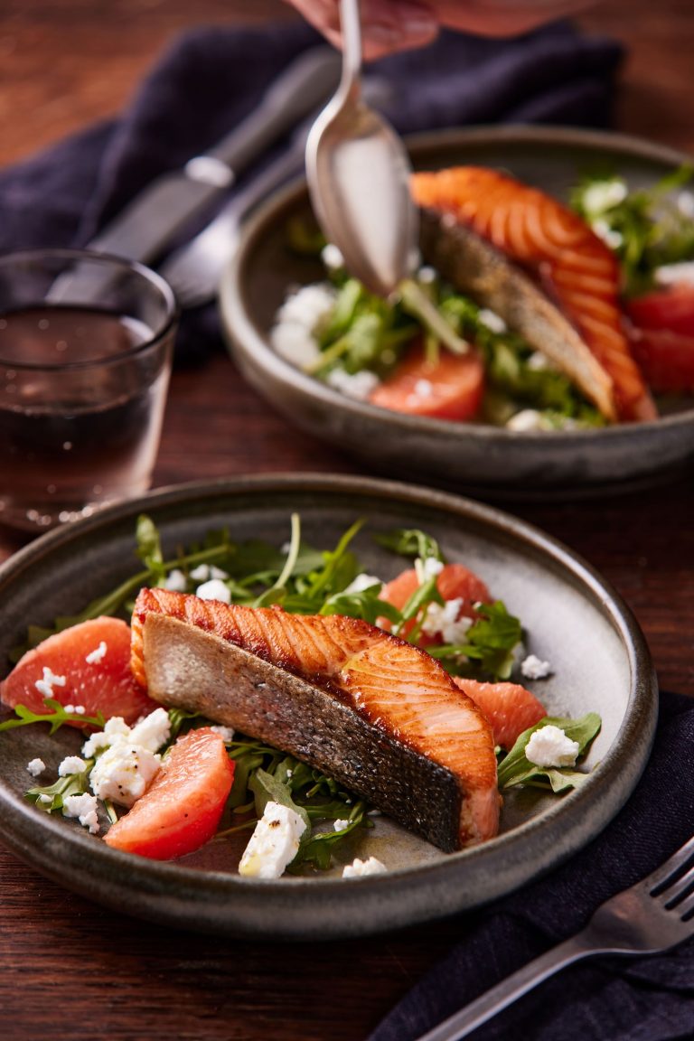Huon Salmon with rocket, grapefruit, and feta salad