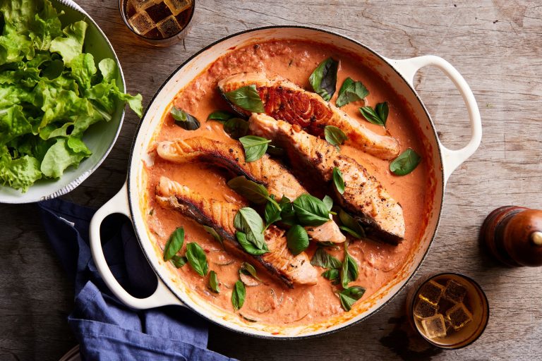 Huon Salmon with Zucchini and Creamy Tomatoes