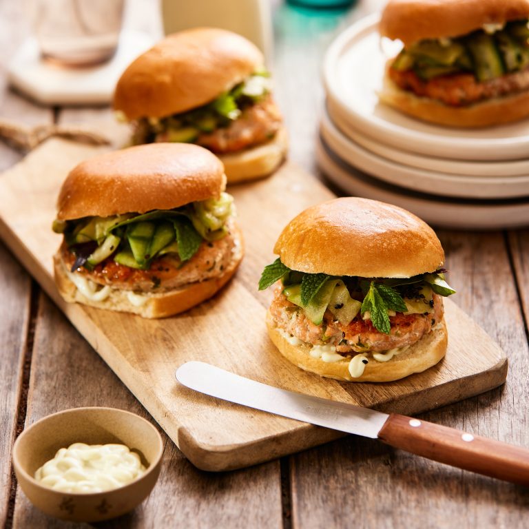 Huon Salmon Burgers with Fresh Herb and Cucumber Salad