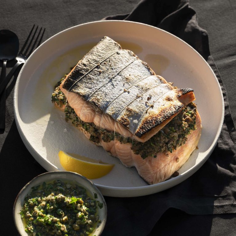 Mushroom Stuffed Salmon with Herby Caper Sauce