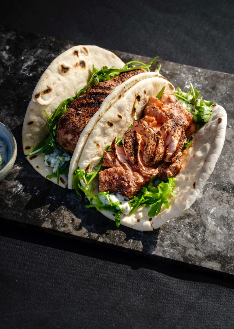 Salmon Flatbreads with Charred Spring Onion Mayonnaise