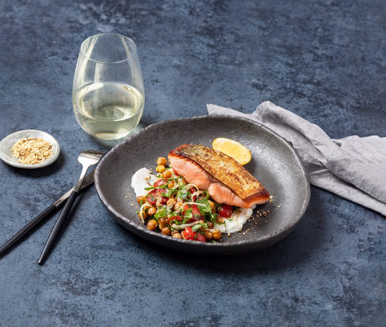 Barbequed Huon Salmon with whipped Garlic and Crispy Spiced Chickpea Tabouli Salad