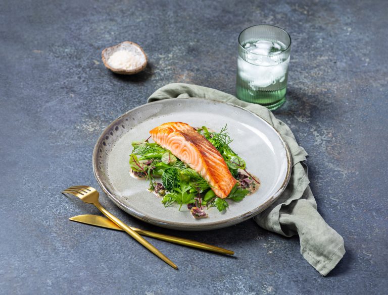 Pan fried Huon Salmon with warm Olive Dressing and Steamed Greens
