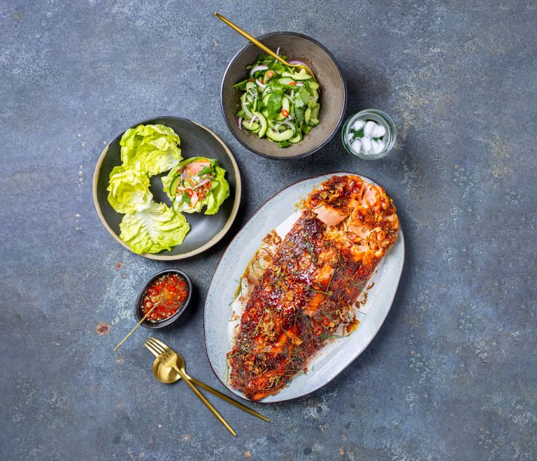 Chilli Jam baked Huon Salmon with Nahm Jim and a fresh Cucumber and Herb Salad