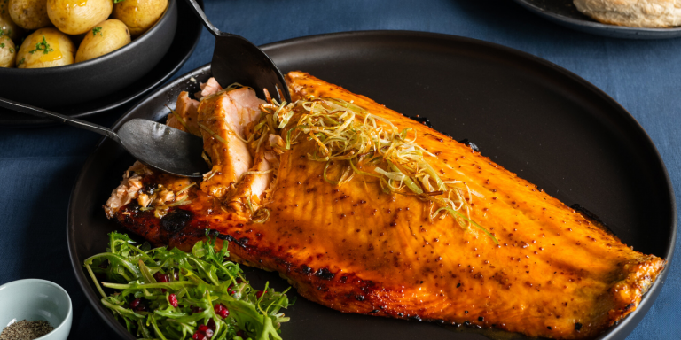Baked Huon Salmon with a Maple Glaze and Crispy Leek