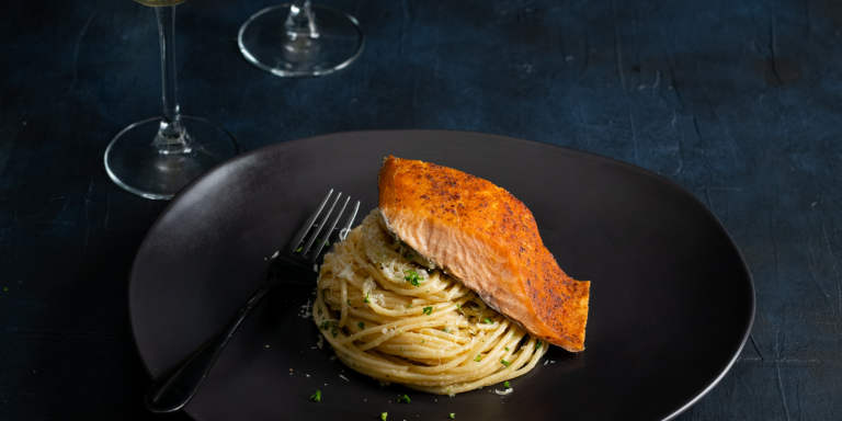 Spaghetti Alfredo with Wood Roasted Huon Salmon Blackened Spice