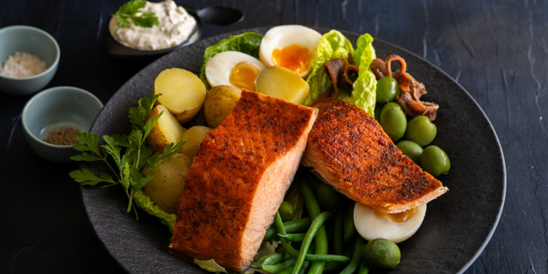 Wood Roasted Salmon with Blackened Spice and Nicoise Salad