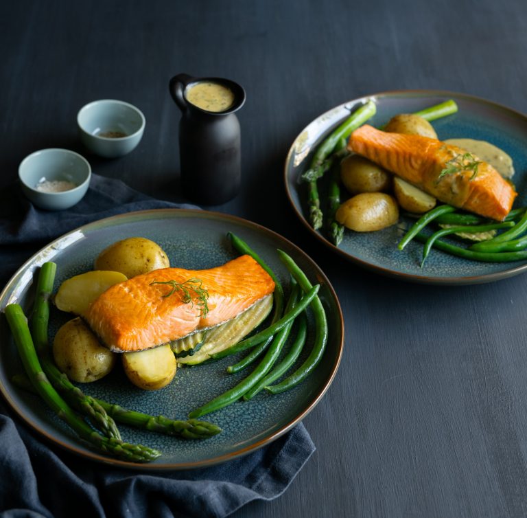 Baked Huon Salmon steaks with a creamy dill sauce