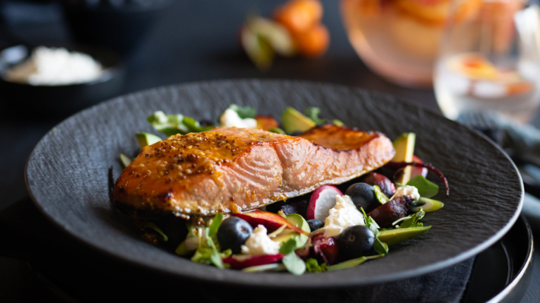 Orange and Maple Glazed Salmon with Roasted Beets, Blueberry Salad