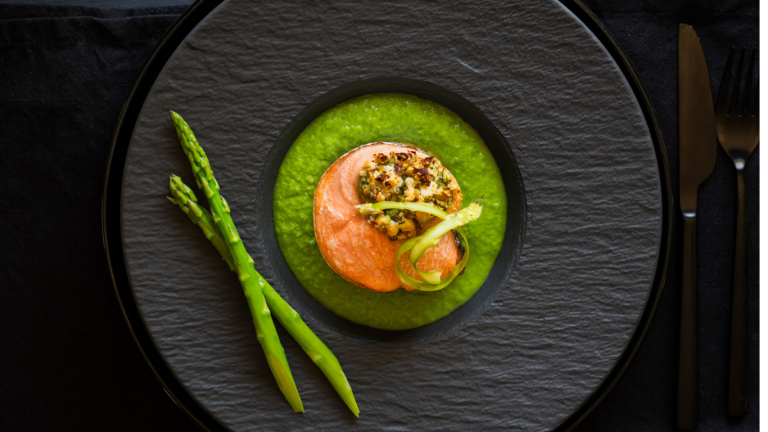 Pistachio Cream Filled Salmon Fillets with Asparagus and Pea Puree