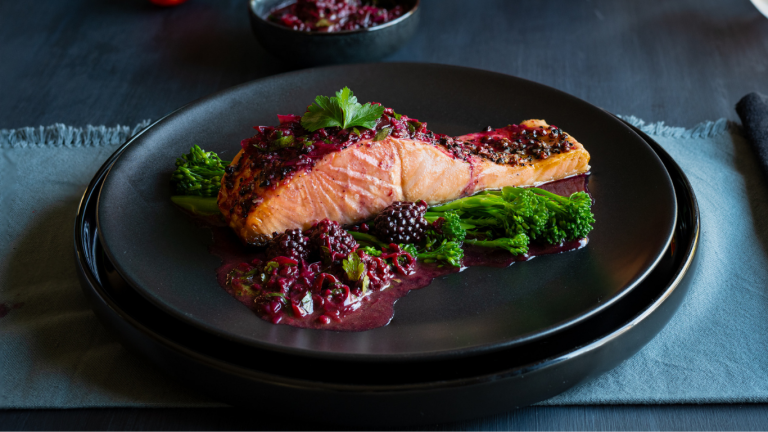 Grilled Salmon with Blackberry and Pink Peppercorn Sauce