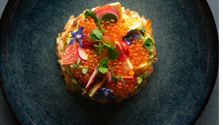 Potato Rosti, Avocado, Spring Herbs, Caviar Breakfast