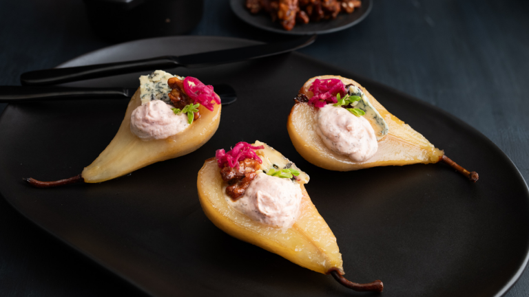 Glazed Pears with Huon Salmon Pate, Blue Cheese and Honey Walnuts