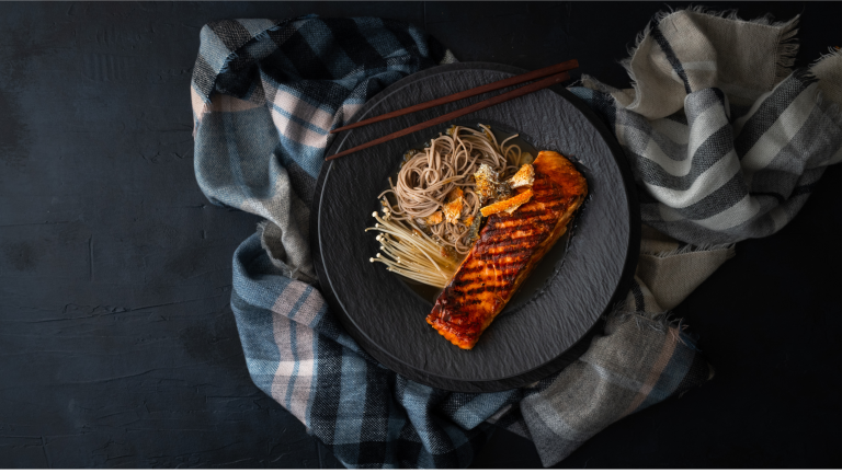 Grilled Salmon with Crispy Skin and Soba Noodle Soup