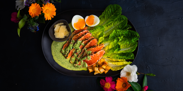 SEARED SALMON TATAKI WITH CAESAR SALAD